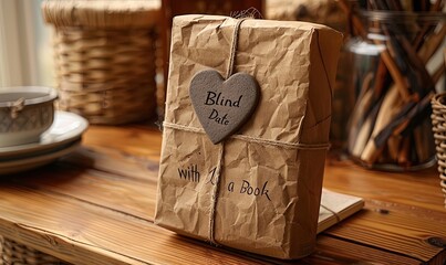 A paperback book wrapped in brown paper with a heart-shaped seal and the words "Blind Date with a Book" written on it