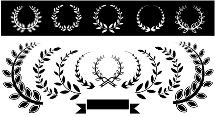 Silhouette laurel wreath. Heraldic trophy crest, Greek and Roman olive branch award, winner round emblem. Vector black laurels set
