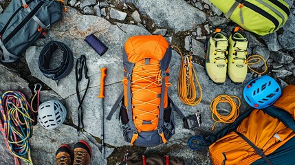 Hiker and climber gear and accessories and tools mockup template for traveling promotion