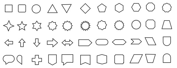 Basic geometric shapes black line cute flat icons set