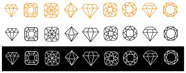 Diamond faceting thin line icon set. Gem collection of simple outline signs. Jewel symbol in linear style. Crystal, gemstone black contour icons design. Isolated on white concept vector Illustration