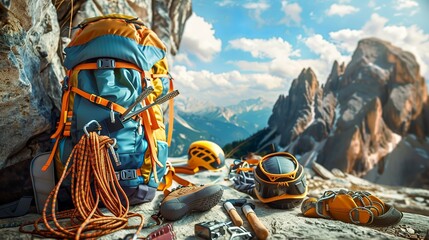 Hiking and climbing gear and accessories mockup template for traveling promotion
