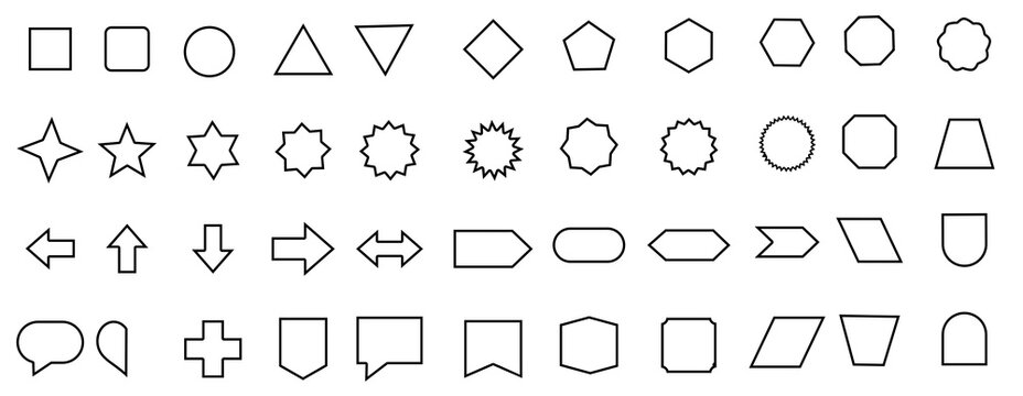 Basic geometric shapes black line cute flat icons set