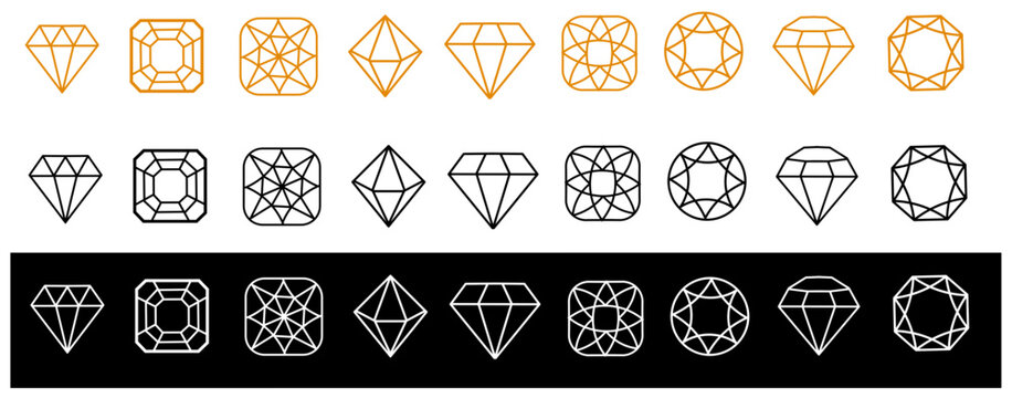 Diamond faceting thin line icon set. Gem collection of simple outline signs. Jewel symbol in linear style. Crystal, gemstone black contour icons design. Isolated on white concept vector Illustration