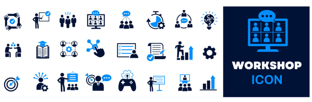 Workshop icon set. Containing team building, collaboration, teamwork, coaching, problem-solving and education icons. Solid icon collection.