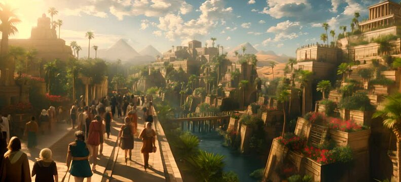 Hanging gardens of Babylon with citizens of Babylon walking towards temple to participate in ceremony. Gardens with stepped terraces, irrigation systems and lush greenery trees, shrubs, and flowers