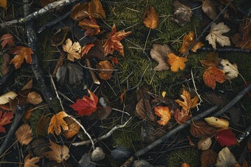 Autumn leaves scattered on the forest floor with moss and twigs