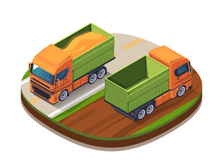 Two orange and green toy dump trucks on a round base, isometric illustration style, on a white background, concept of transportation. vector illustration