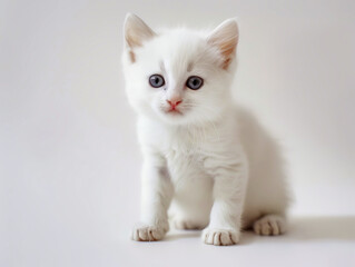 A white kitten sitting on a table with a gray background.