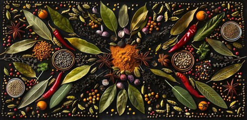 A colorful array of spices and herbs arranged in an intricate pattern on a black background.