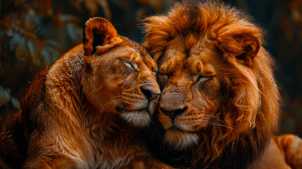 image focused on a lion and a lioness hugging, photorealism style, wild animals.
