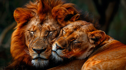 image focused on a lion and a lioness hugging, photorealism style, wild animals.