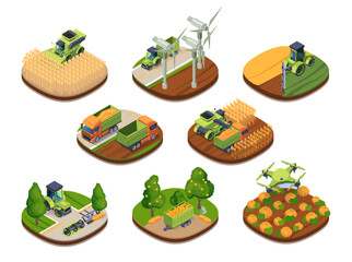 Isometric agricultural icons featuring various farm vehicles, wind turbines, and produce on a white background, depicting modern farming. vector illustration