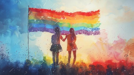 illustration of the pride flag is held in the hands of 2 girls and hugging art