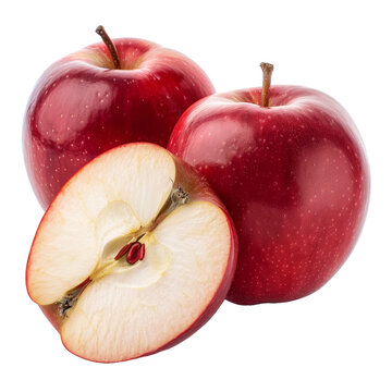 Three ripe red apples cut in half, displayed on a clean Png background, Ripe red apple with half apple and isolated on a transparent background