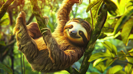 Naklejka premium A happy sloth hanging from a tree . Generative Ai