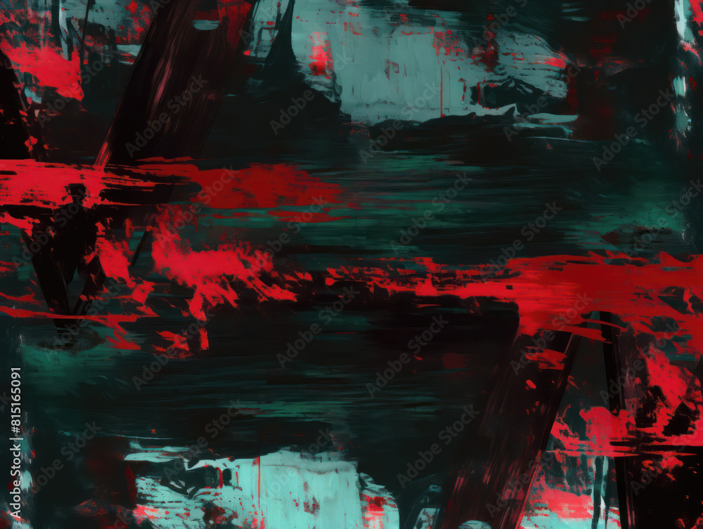 Poster abstract artwork with bold red and green brushstrokes creating a dynamic visual impact.