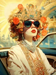 A glamorous woman wearing sunglasses and an elaborate headdress, sitting in a car. Ideal for fashion, luxury, and retro-themed content. Suitable for posters, advertisements, and magazine covers.