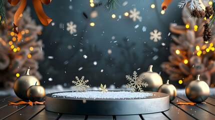 Background podium 3D product display stand platform, Holiday Festive: A seasonal podium with holiday decorations like snowflakes for winter or pumpkins for fall.