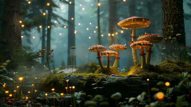 Background podium 3D product display stand platform, Fantasy Realm: A whimsical, enchanted forest-themed stand with fantasy elements like mushrooms and fairy lights.