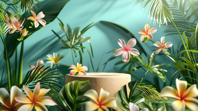 Background podium 3D product display stand platform, Tropical Paradise: A podium surrounded by tropical elements like palm leaves and exotic flowers.