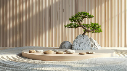 Background podium 3D product display stand platform, Zen Garden: A minimalist podium with a Zen garden setup, including sand, rocks, and a small bonsai tree.
