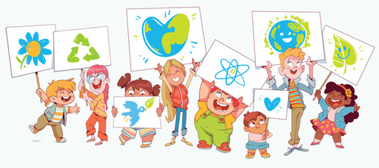 Group of children holding drawn posters on the theme of ecology, protection of nature and the environment. Colorful cartoon character. Funny vector illustration. Isolated white background