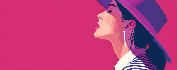 woman profile in hat in colors pink purple cream, concept of minimalism and fashion, elegant sensuality of retro style, illustration with copy space