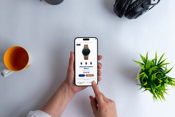 Woman purchases watch online using smartphone. Experience the convenience and innovation of digital shopping
