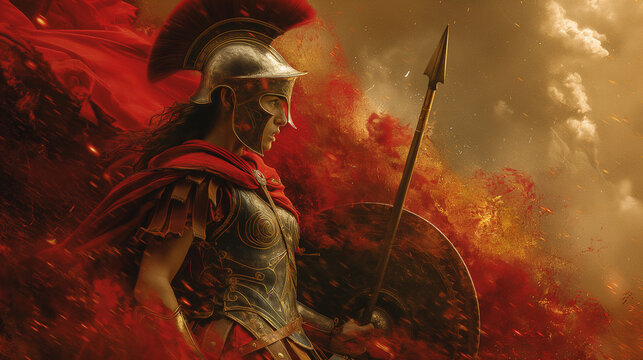 An artistic representation of Athena, goddess of wisdom and warfare, emerging fully armored from the head of her father Zeus, radiant and powerful, with her shield and spear raised