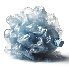 Bottiglia di plastica accartocciata blu polvere in trasparenza e scontornata su sfondo trasparente per riciclo rifiuti multimateriale ecosostenibile