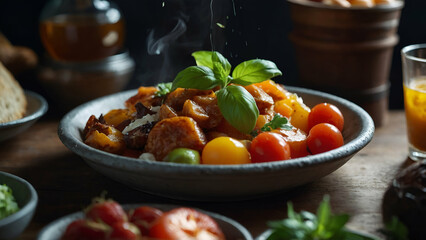Tasty dish with tomatoes, cheese, and herbs in a bowl. Generative AI
