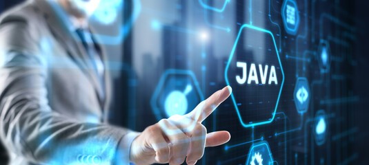 Businessman clicks Java programming language application concept on virtual screen