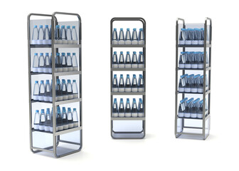 Open vertical metal rack with plastic transparent bottles. 3d illustration set on white background