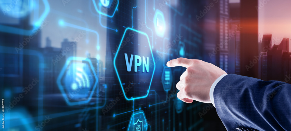 Poster businessman presses a button vpn. network security internet privacy encryption concept
