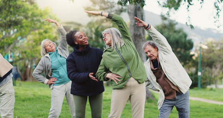 Yoga class, park and senior group with instructor exercise together in nature for health and...
