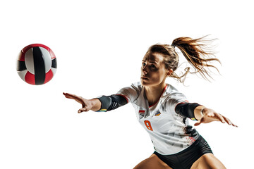 Portrait of a female volleyball player hitting the ball on a transparent background