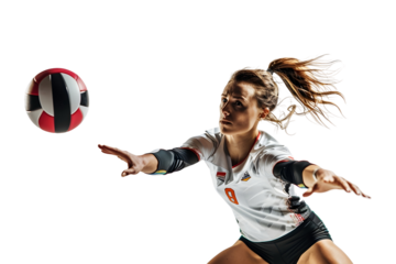 Portrait of a female volleyball player hitting the ball on a transparent background