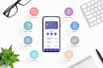 Smartphone on a desk displays a fintech app concept with flying icons around it. Illustrating the integration of diverse fintech services for modern and efficient financial management