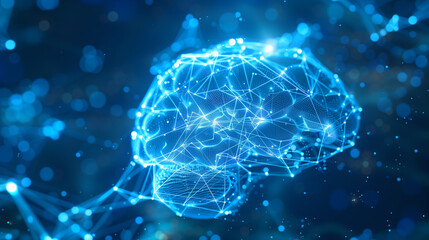 A blue digital brain with glowing connections, representing the power of artificial intelligence and its role in data analysis and machine learning.