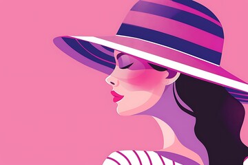 woman profile in hat in magic colors pink purple cream, concept of minimalism and fashion, elegant sensuality of retro style, illustration with copy space