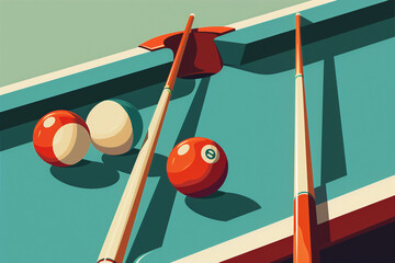 Retro sport game poster with bright colorful billiard balls and cue