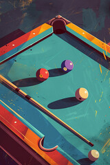 Retro sport game poster with bright colorful billiard balls and cue