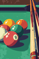 Retro sport game poster with bright colorful billiard balls and cue