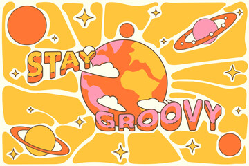 Groovy poster in the style of the 70s with planets, earth stars, petals. Bright horizontal background with the text 