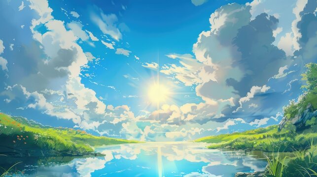 Experience the serene beauty of a bright sunny sky adorned with fluffy clouds and the gentle reflection of sunshine Bask in the peaceful sunlight illuminating the world with its radiant bea