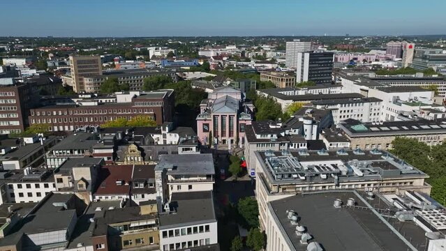 Aerial drone view of Grillo Theater in Essen, Germany. Grillo-Theater is a theatre located in Hirschlandplatz in Essen. 