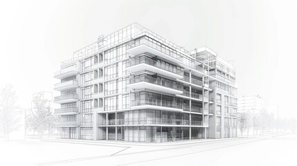 Building Drawing. Three-dimensional Wireframe Architectural Perspective of City Landscape