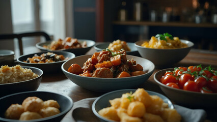 A spread of food in bowls including pasta, salad, and bread on a table. Generative AI