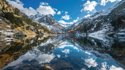 Fototapeta premium Nature Reflection. Serene Lake Reflecting Majestic Mountain Landscape